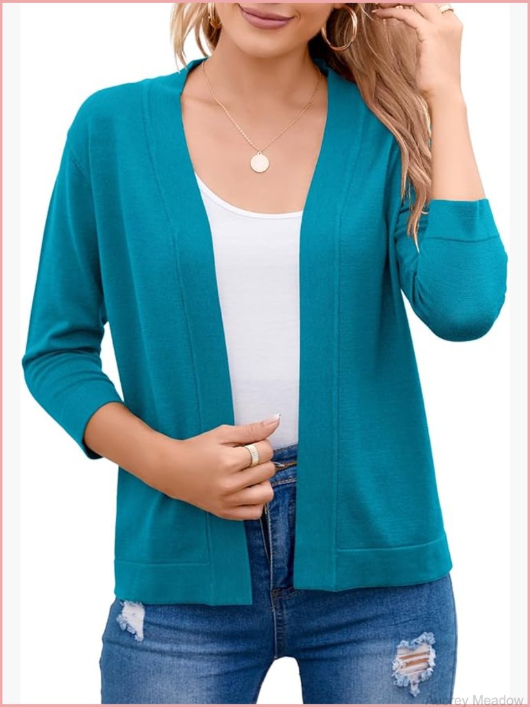 Open Front Cropped Cardigan Sweater 3/4 Sleeve Shrug
